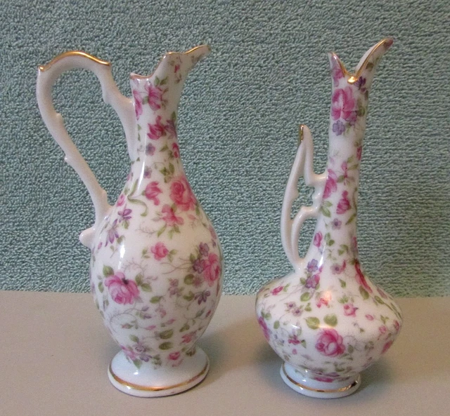 LEFTON CHINA ROSE Chintz Vintage Set of Mini Ewers Bud Vases