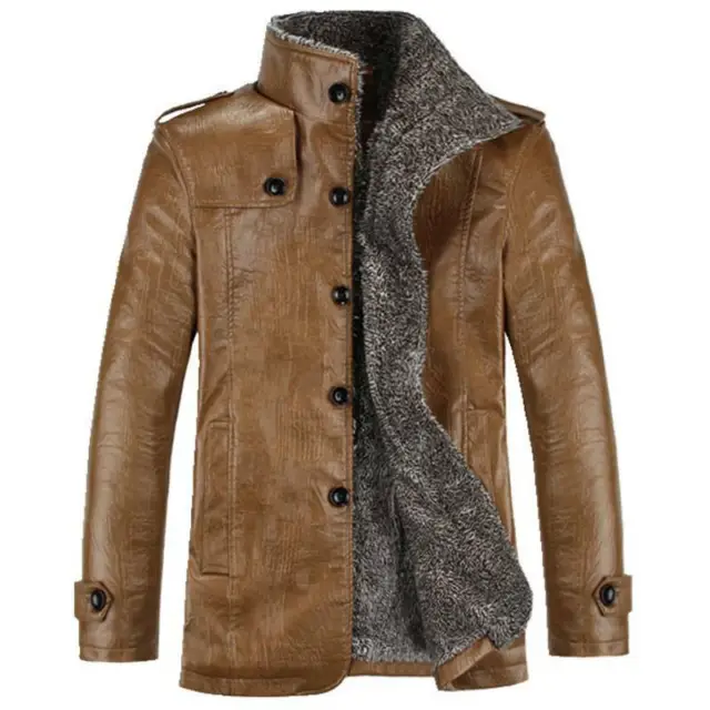 Mens Overcoat PU Leather Fleece Fur Lined Trench Coat Jacket Winter Warm Thicken