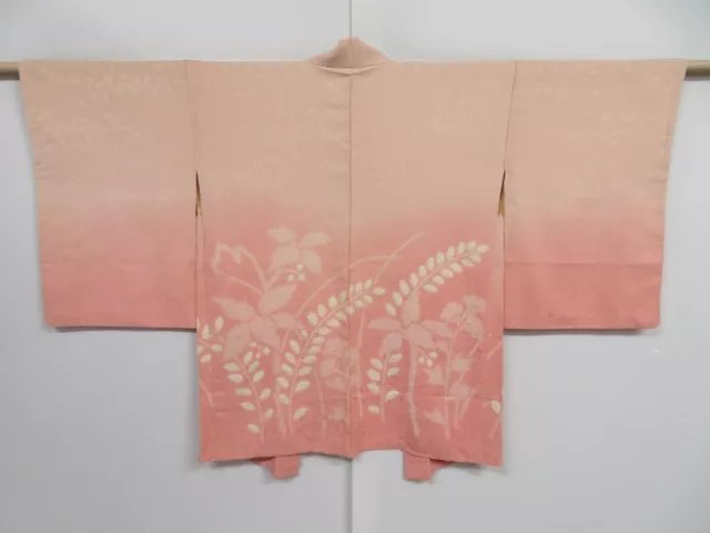0825i09z530 Vintage Japanese Kimono Silk HAORI Pink Plants