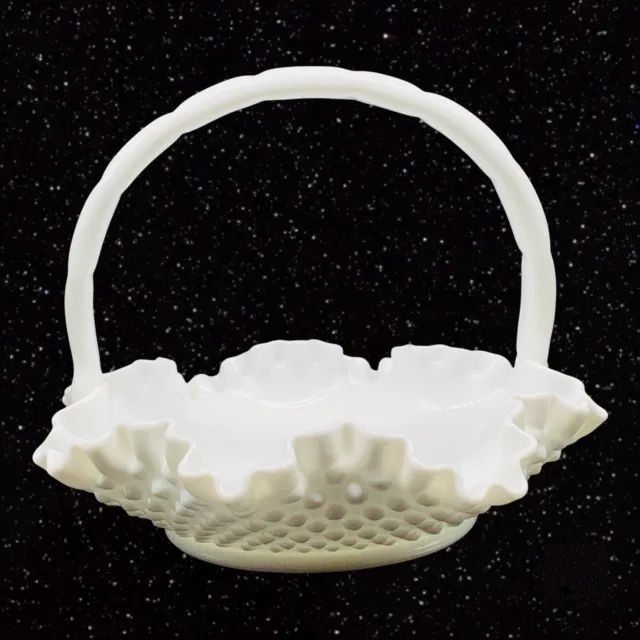 Fenton White Milk Glass Hobnail Ruffled Basket 4.5”T 7”W