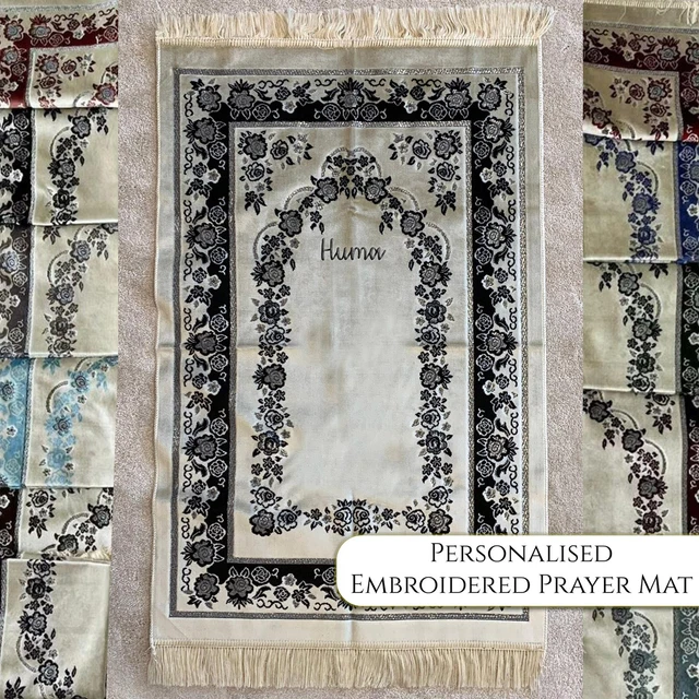 NEW PERSONALISED EMBROIDERY Velvet Rose Luxury Salah Prayer Mat Eid