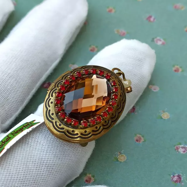 Michal Negrin Locket Ring Photo Faceted Royal Brown Red Large Crystal Pearl Gift