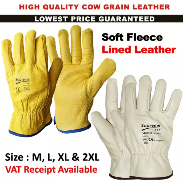 10 X Premium Leather Yellow Driver Gloves Fleece Lined Lorry Driving Work Glove