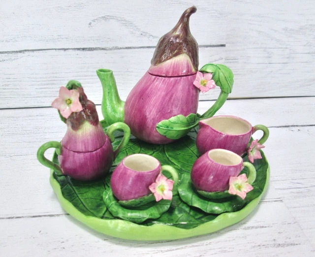 MINIATURE CHILDRENS DOLL Eggplant Tea Set Leaf Flower Fairy Delicate