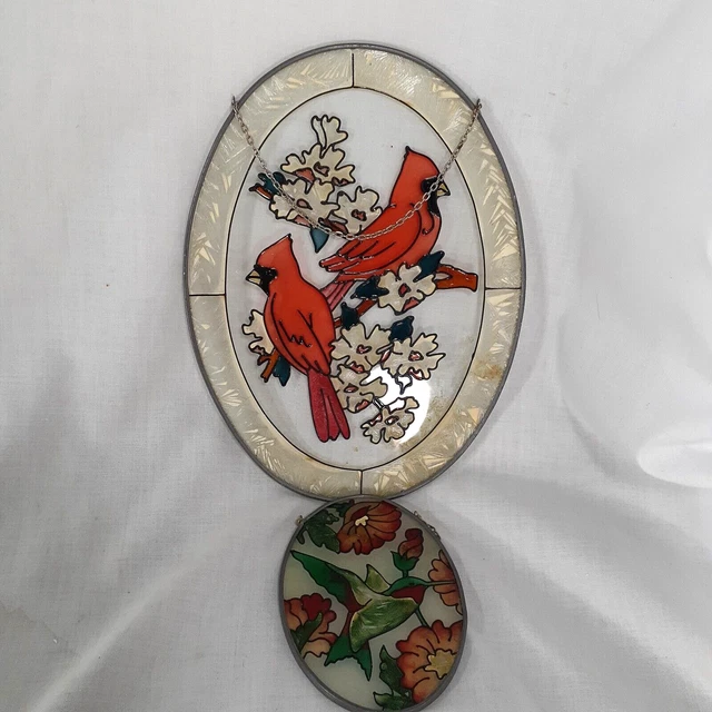 Lot of 2 Suncatchers 2 Cardinals and a Hummingbird Stained Glass Oval Vintage