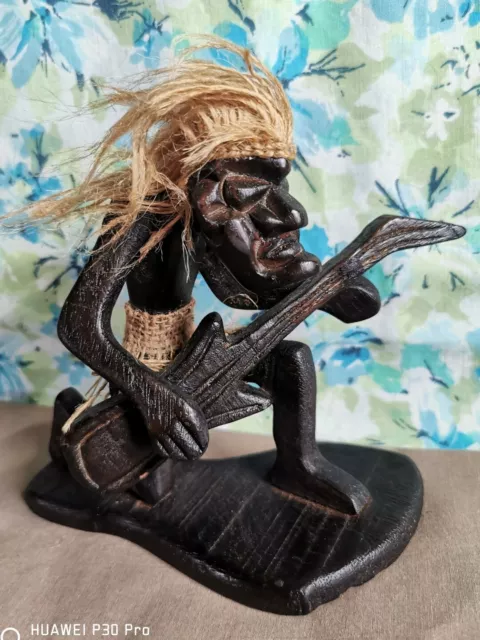 Wooden Primitive Tiki Guitar Dude Hand Carved Tribal Folk Art Figurine 6" Tall