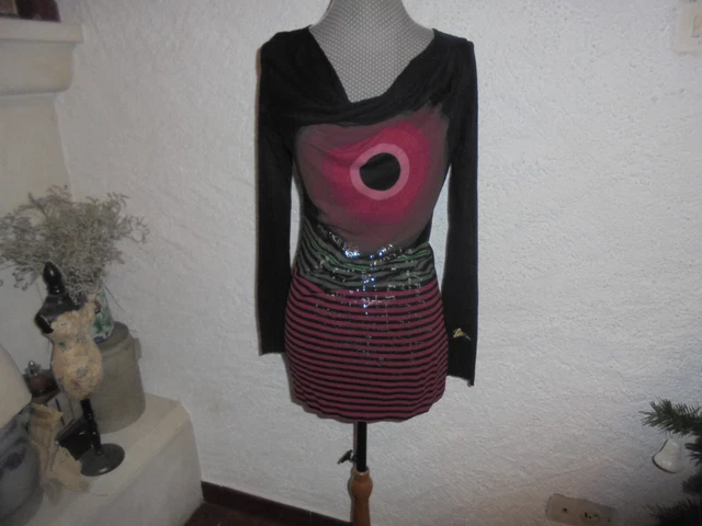 Robe Courte DESIGUAL à Manches Longues - Taille XS (34), Motif Japonisant Multicolore, Maille Coton/Viscose, Neuve Sans Étiquettes