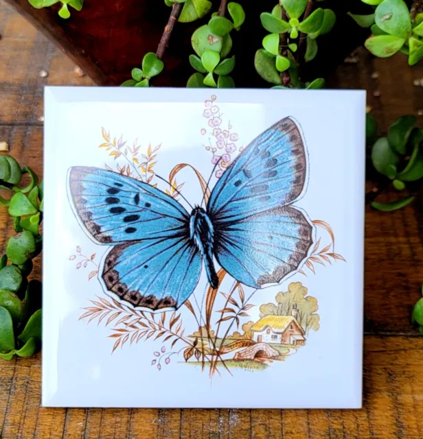 Vintage Retro Butterfly in Countryside Ceramic Tile 4.5"x4.5" Made Thailand