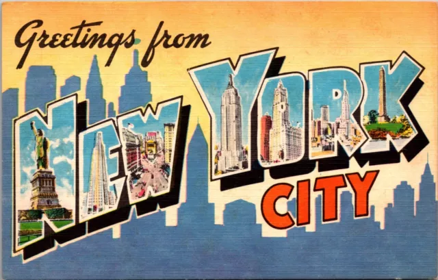 New York City NY Large Letter Greetings Linen Vintage Postcard