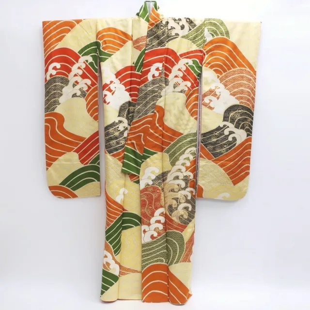 9163D5 Silk Vintage Japanese Kimono Furisode Wave Embroidery Tall 3