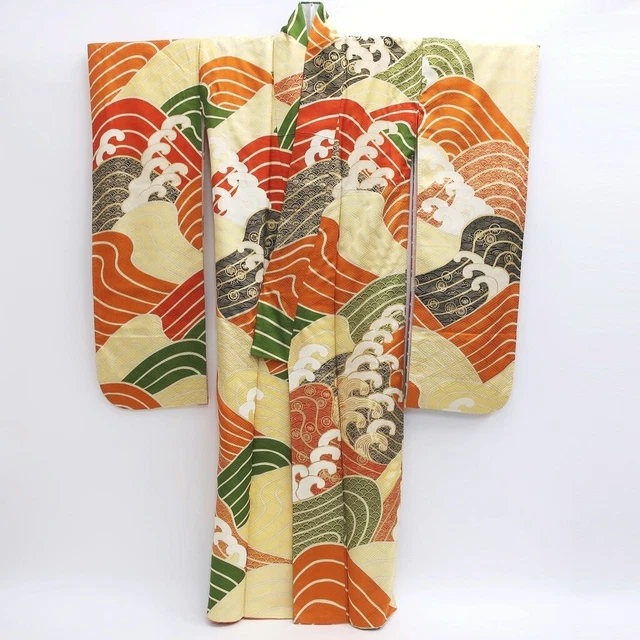 9163D5 Silk Vintage Japanese Kimono Furisode Wave Embroidery Tall 3