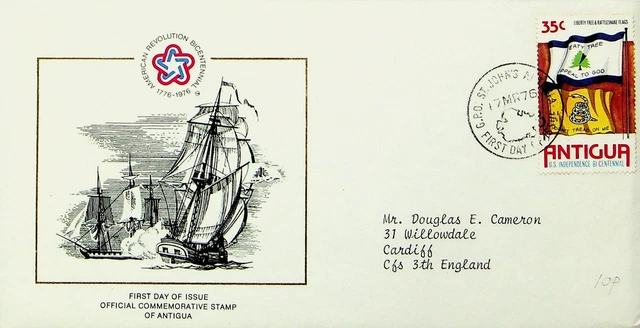 SEPHIL ANTIGUA 1976 35c US INDEPENDENCE BI-CENTENNIAL SIGNED FDC ST JOHN'S TO GB