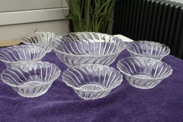 Vintage Bagley Clear Glass Circular Swirl Dessert Bowl Trifle Dish & 6 Dishes