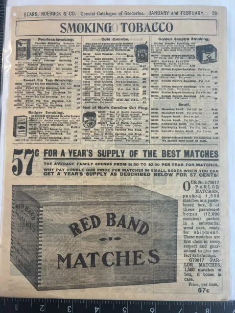 Vintage Smoking Tobacco￼ Print Ad From 1907 Sears Catalog Red Band Matches￼