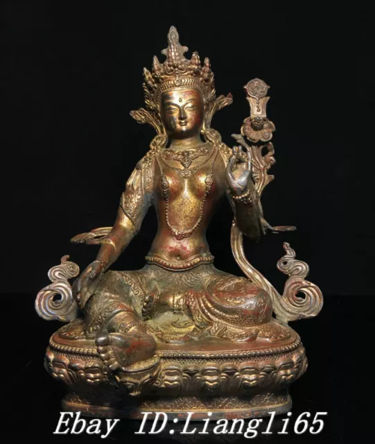 12.2" Tibet Bronze Gilt Buddhismus Sit Lotus Green Tara Göttin Buddha Statue