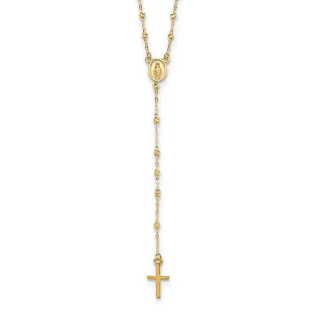 Real 14K Yellow Gold Gold Polished & Diamond Cut w/3in ext. Rosary Necklace