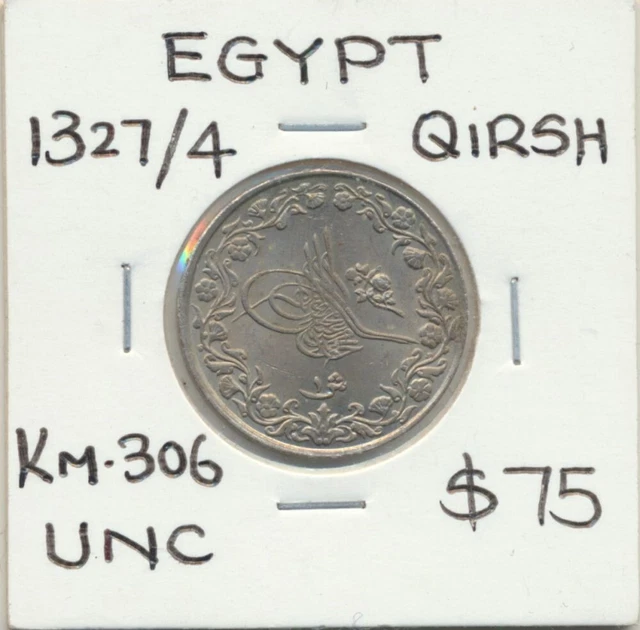 Egypt: AH1327/4 Muhammad V Qirsh KM-306 UNC Low Mintage Egypt: AH1327/4 Muhammad V Qirsh KM-306 UNC Low Mintage