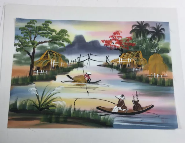 Chinese Original Watercolor painting Silk fabric Village River Fishing 12x8