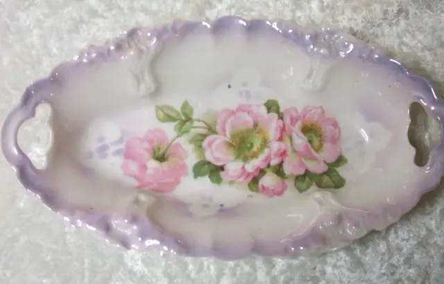 Vintage Porcelain Pink Rose Oblong Scalloped Edge Bowl