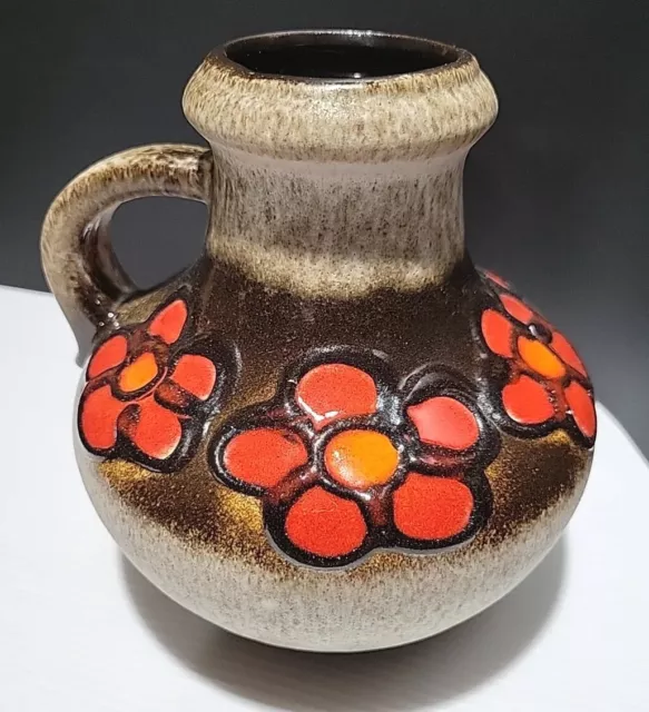 Scheurich 60's-70's Fat Lava Vase  #423-18 Brown Glaze Red Flowers  Handled Jug 3