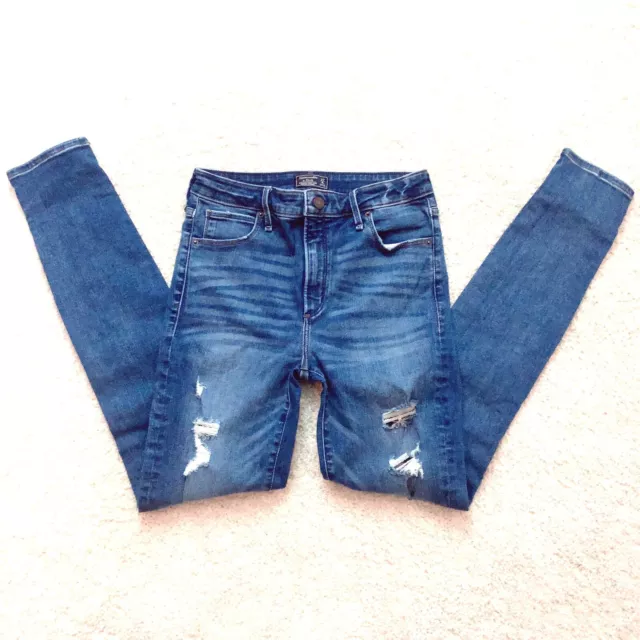 ABERCROMBIE & FITCH A&F Blue Jean Denim Destroyed Ripped Skinny Pants Size 27 4