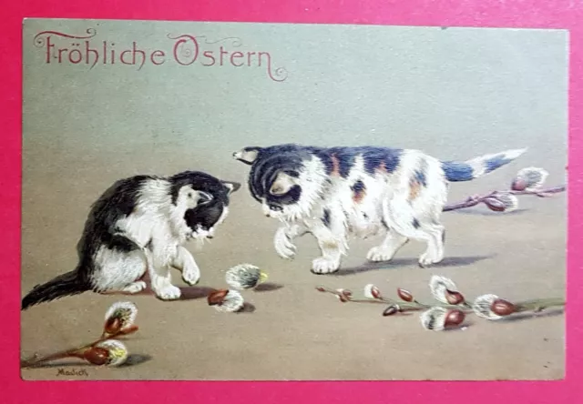 Künstler Prägedruck Litho AK MAILICK Fröhliche Ostern KATZEN Katze  ( 28711