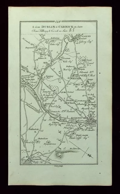 IRELAND, GOWRAN, KILKENNY, CARRICK, antique road map, Taylor & Skinner, 1783