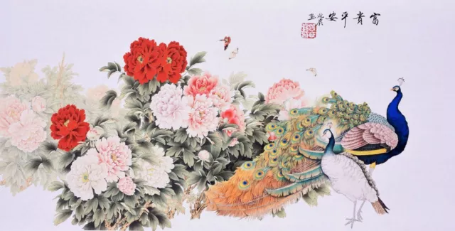 Peony flower&Peacock lover-ORIENTAL ASIAN FINE ART CHINESE WATERCOLOR PAINTING