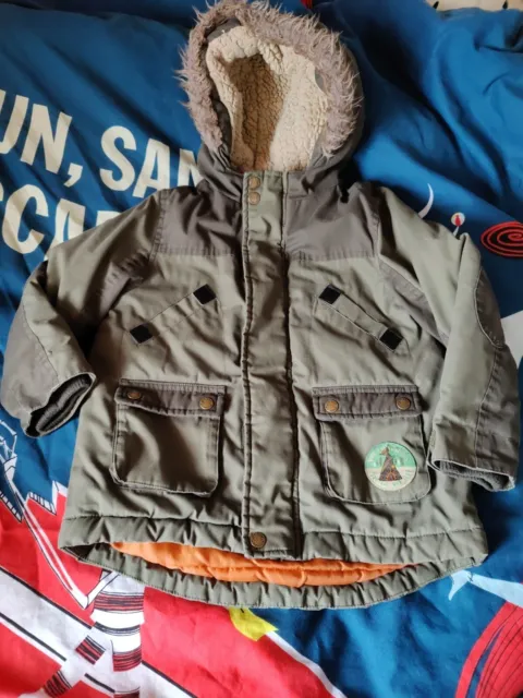 4-5 Years Boys Khaki Parka Coat Winter Jacket Fleece Lined Fur Hood Green