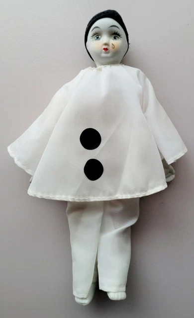 Vtg Pierrot Mime Doll Figure B&W Tear Clowm Bisque Porcelain Hands Feet + Cloth