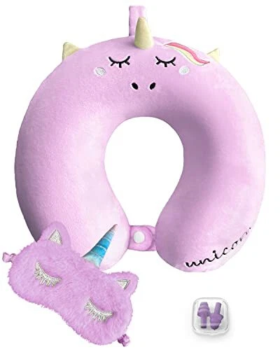 Travel Neck Pillow for Kids, Unicorn Memory Foam Pillow with Cute Sleep Purple