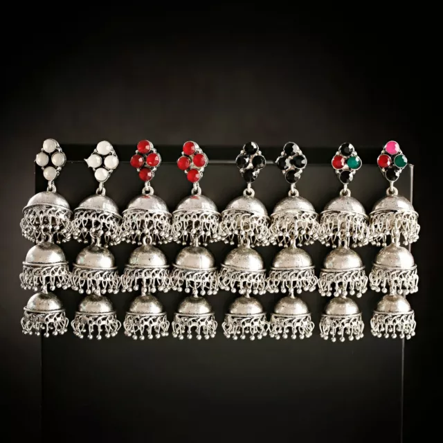 Women Vintage Silver Drop Bells Jhumka Earrings Jewelry Turkish Tassel Earrings