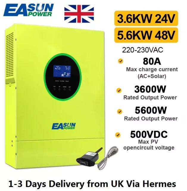 EASUN 3600W 5.6KW hybrid Solar Inverter 24V 48V 500VDC 220VAC Off Grid 80A  MPPT £407.99 - PicClick UK