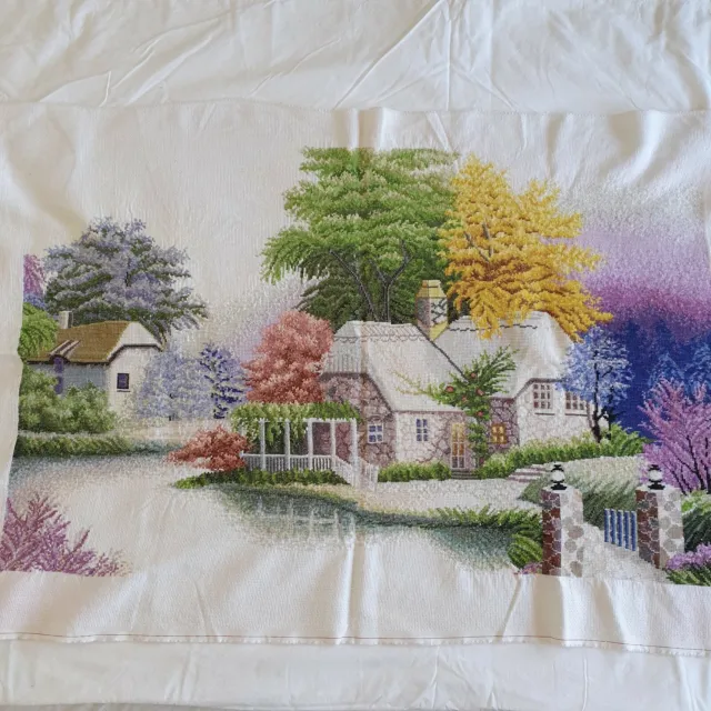 Completed Unframed Large Cross Stitch Picture Trees & Cottages AA15