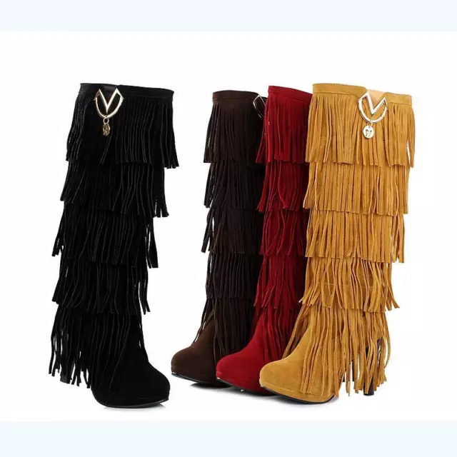 Womens Lady Fringe Boots High Fashion Slouch High Heel Boot Hot Stylish Shoes