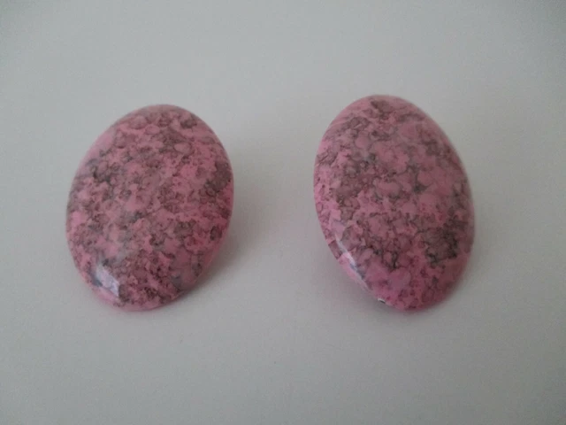 Large Pink Speckled Enamel Earrings Pierced Post 1 1/4" Oval  Vtg
