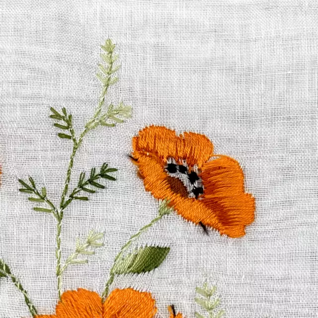 Vtg Swiss Cotton Handkerchief Hankie Embroidered Floral Orange Poppies 11" NWT 3