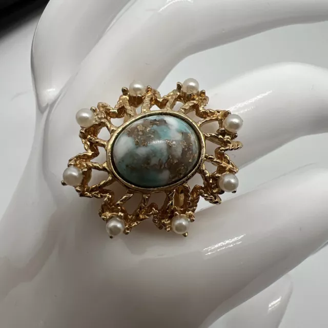 Vintage Sarah Cov faux turquoise Faux Pearl gold tone adjustable Ring R83