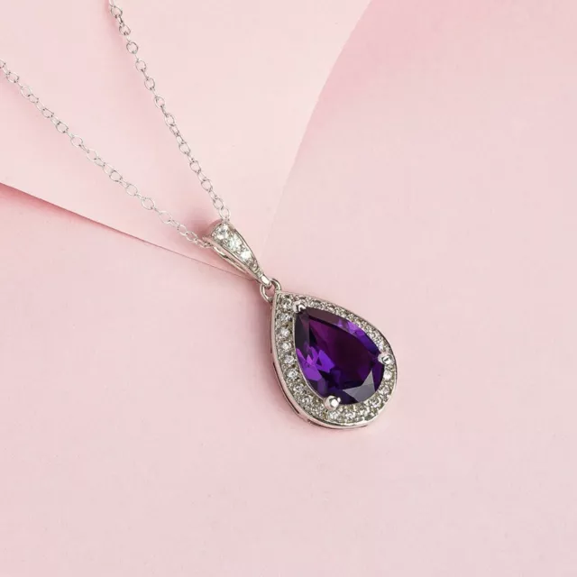 2Ct Pear Cut Lab-Created Amethyst Halo Womens Gift Pendant 14k White Gold Plated