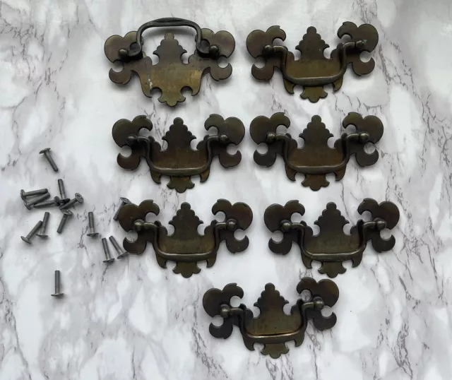 Vintage Set of 7 Solid Brass Dresser Cupboard Furniture Drawer Pulls