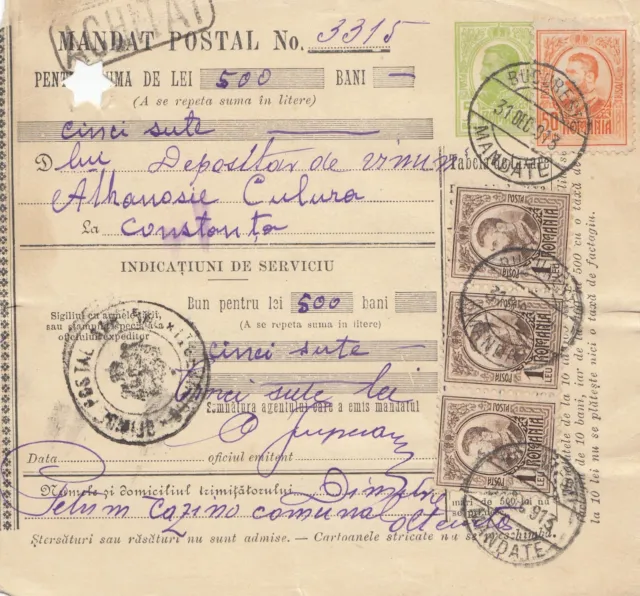 Rumänien: 1913: Mandat Postal Bucaresti nach Constanta