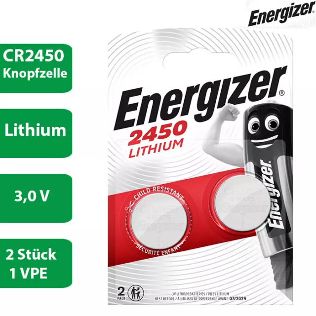 1 x 2er Energizer CR 2450 3V Lithium Batterie Knopfzelle DL2450 620mAh 2