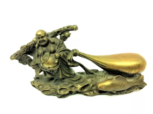 Vintage Happy Buddha Money Bag Wealth Figure Fish Solid Brass Metal