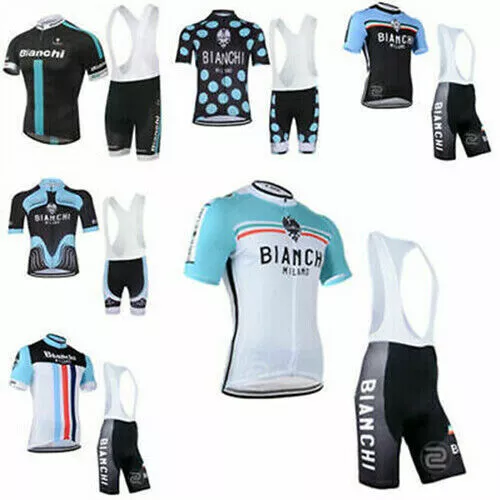 Mens Bianchi Cycling Jersey Suit Comfortable Bike Racing Shirt Gel Bib Short Set