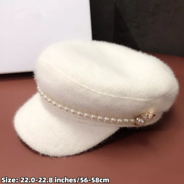 Women Pearl Octagonal Hat Warm Winter Faux Fur Berets Vintage Navy Cap