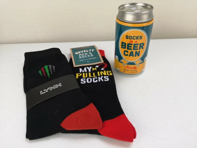 3 paires de chaussettes homme 2 x nouveauté 1 x lynx coton polyester taille 7-11 neuf dans leur boîte
