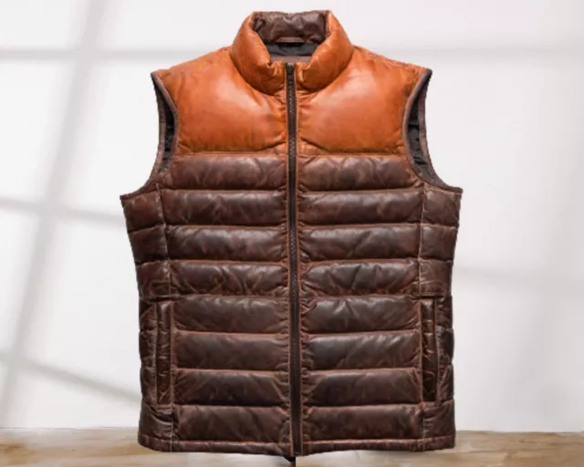MEN'S PUFFER VEST Real Lambskin Leather Quilted Vest Dual Color Gift ...