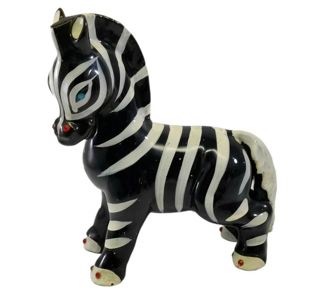 Vintage Hand Painted Ceramic Horse Reverse Zebra Figurine w Jewels MCM