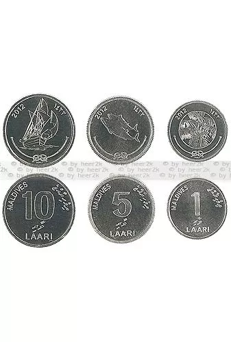 MALEDIVEN/MALDIVES (3) 1 + 5 + 10 Laari 2012 UNC (KM# 68, 114, 115 new types)