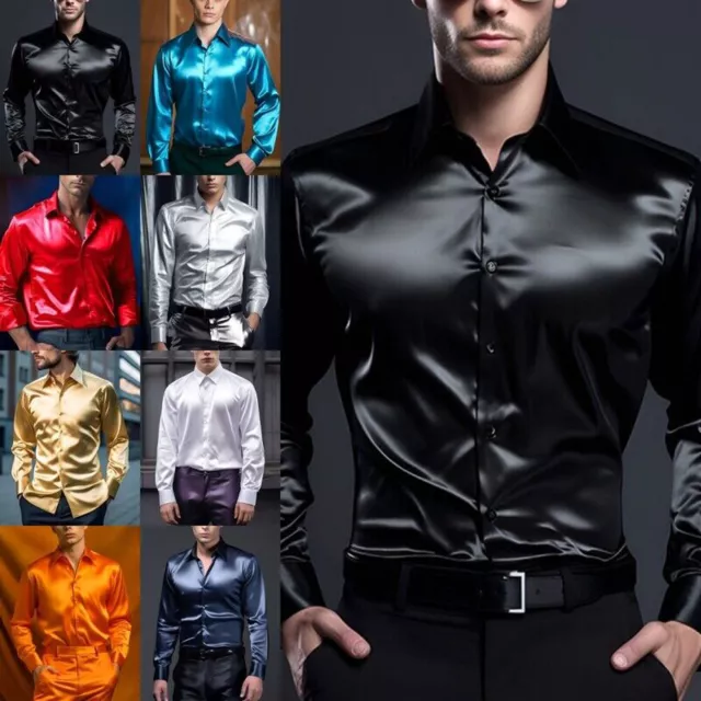 Mens Tops Satin Silk Shirt Men Luxury Dancing Solid Glossy Dress Wedding Casual 3